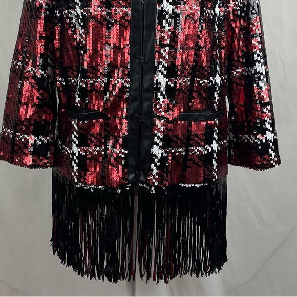 Bagatelle Red Black White Sequined Plaid Whimsical Glam Fringe Jacket NWT Size L - Picture 4 of 13